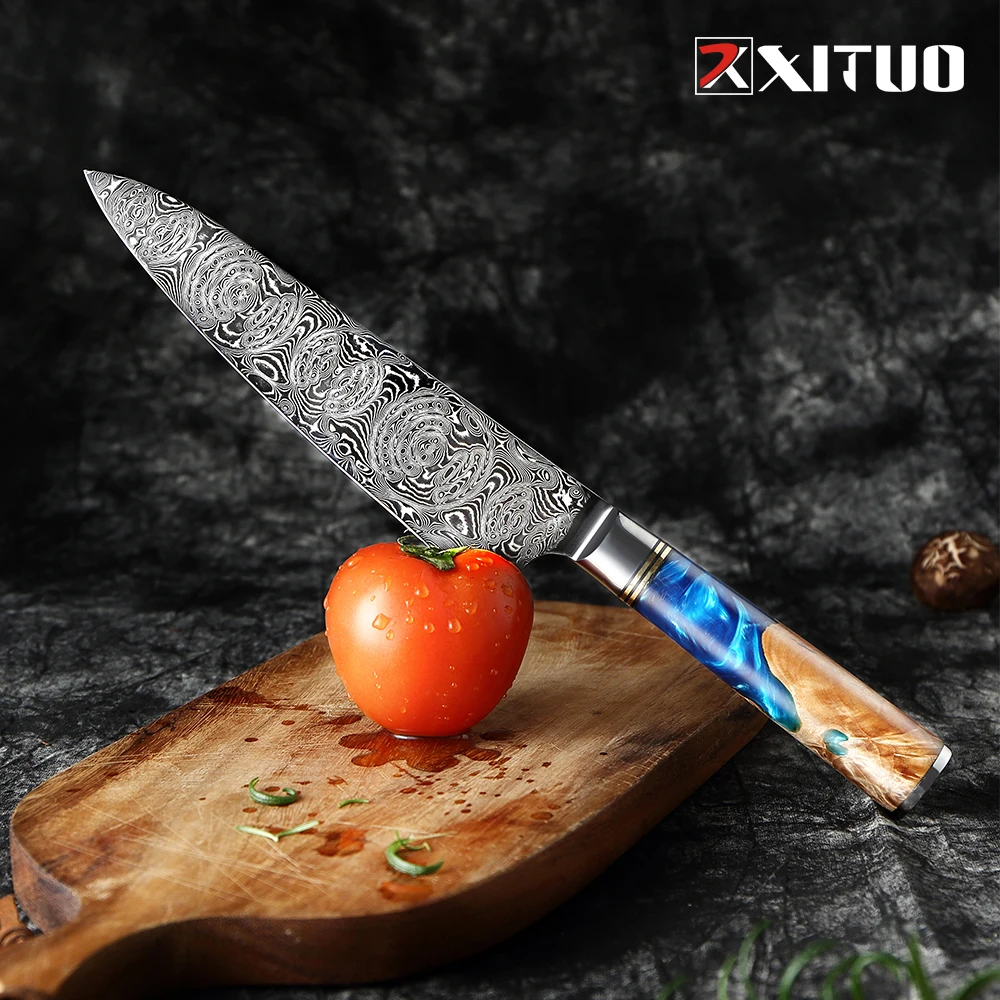 XITUO Powder Damascus Steel VG10 Chef Knife Cleaver Paring Fish Meat  Kitchen Knife Blue Resin and Color Wood Handle Cooking Tool - AliExpress