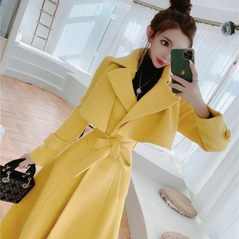 Autumn Winter New Full Sleeve Thick Warm Fashion Yellow coats Women Woolen Coat