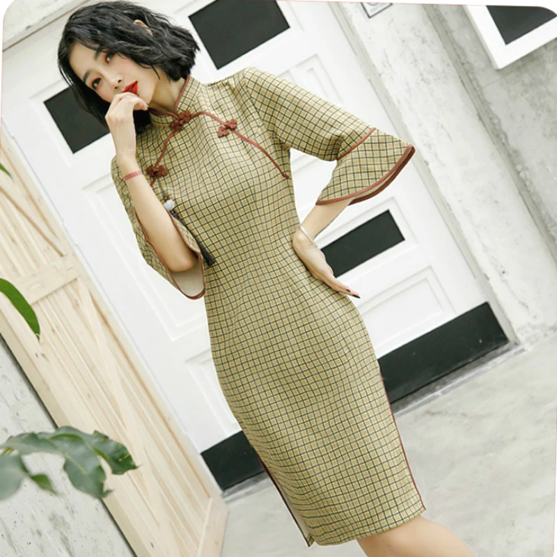 Sheng Coco Осень Последние оленьей плед Cheongsam Qipao платья современное улучшение листьев лотоса Ретро кисточки Восточное Платье До Колена