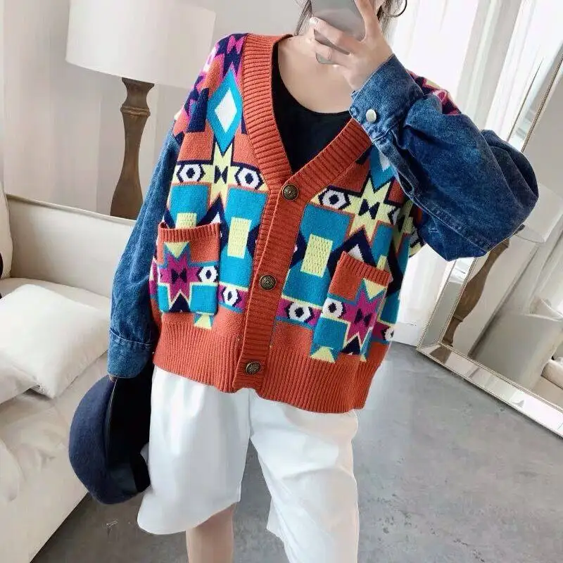 Spring Woman Sweater Knitting 2020 New Girl V-neck Stitching denim Long Sleeve Cardigan Colorful pattern Printed Sweater Winter Spring Woman Sweater Knitting 2020 New Girl V-neck Stitching denim Long Sleeve Cardigan Colorful pattern Printed Sweater Winter