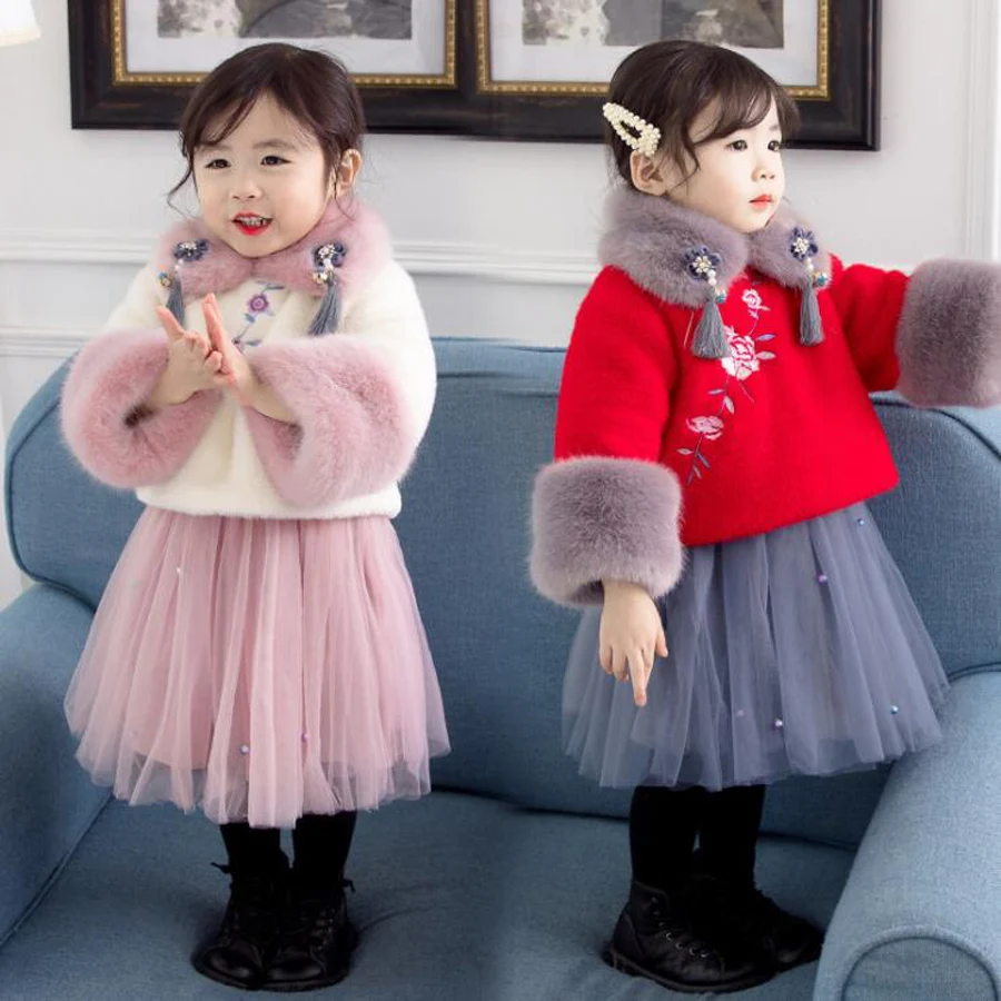 

Chinese style Baby girls new year clothes set girl suit baby thickening fur coat embroidered jacket short skirt suit princess