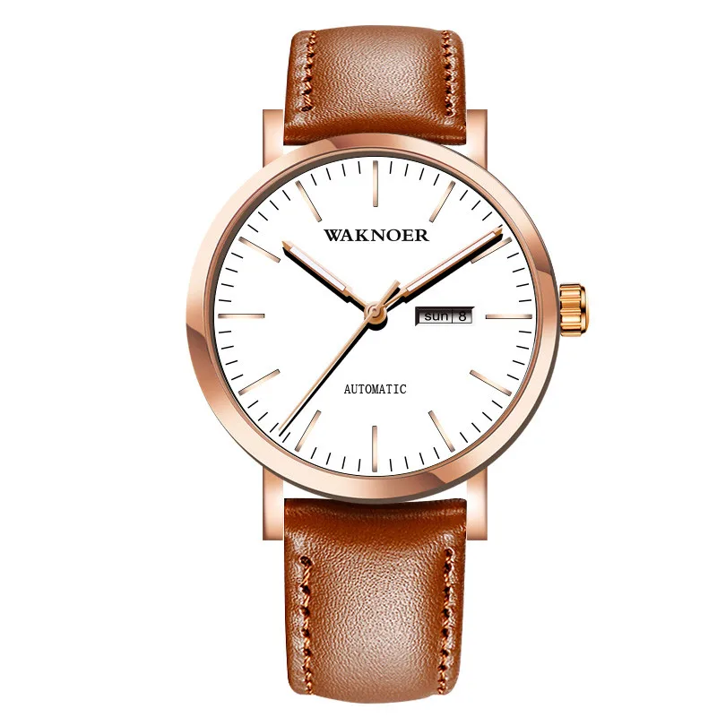 Топ waknoer Роскошные брендовые наручные часы светящиеся Мужские механические спортивные мужские часы автоматические дизайнерские часы мужские с кожаным ремешком - Цвет: Brown white