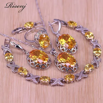 

Risenj Big Oval Sparking Yellow Zircon Silver Color Jewelry Adjustable Ring Bracelet Earring Necklace Pendant Set Bridal Jewelry