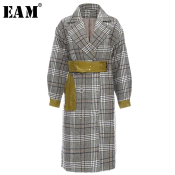 

[EAM] Loose Fit Gray Plaid Split Joint Temperament Woolen Coat Parkas New Long Sleeve Women Fashion Spring Autumn 2020 1R285