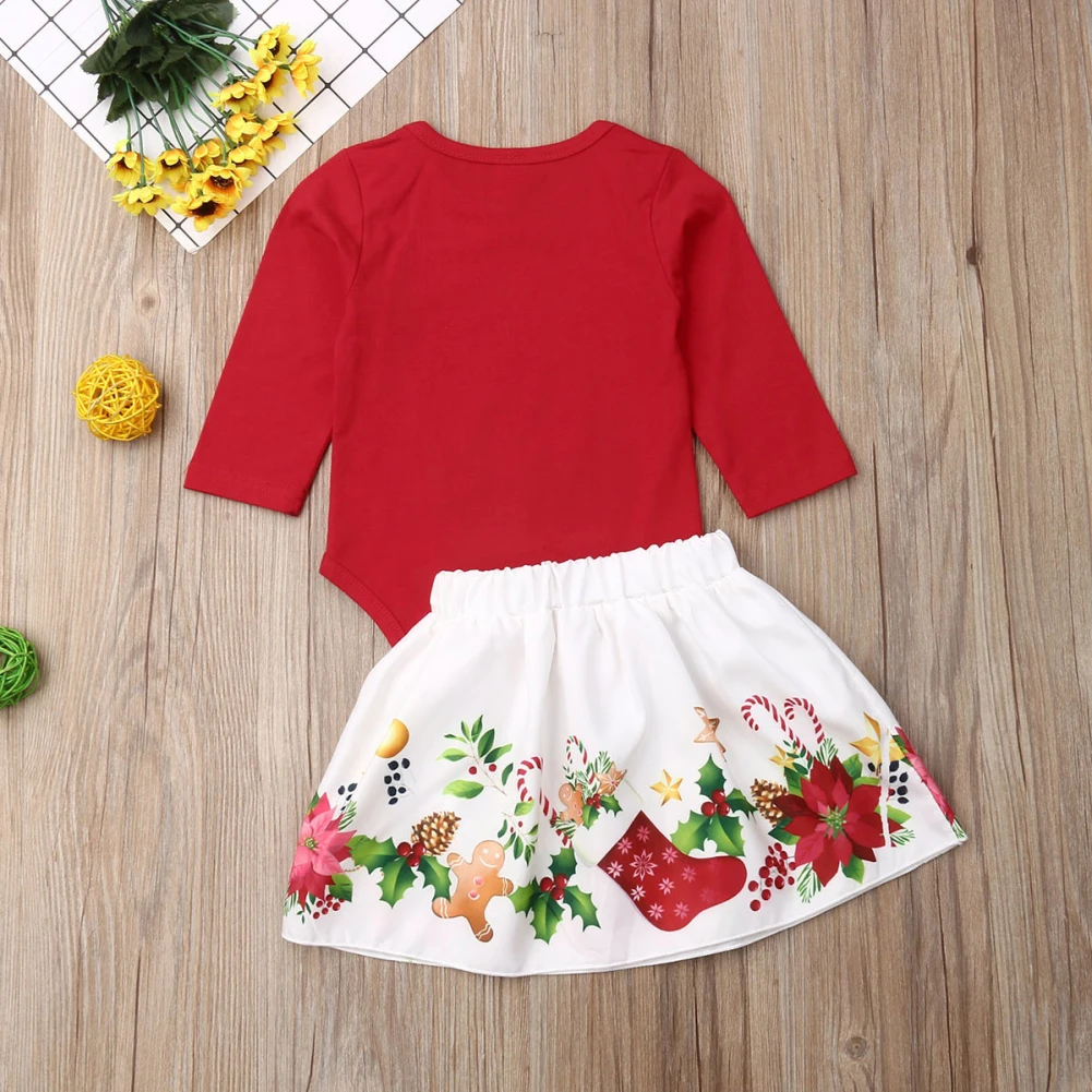 Christmas Newborn Baby Girl Clothes Sets Cartoon Print Romper+Bowknot Skirt 2pcs 0-24M Clothes
