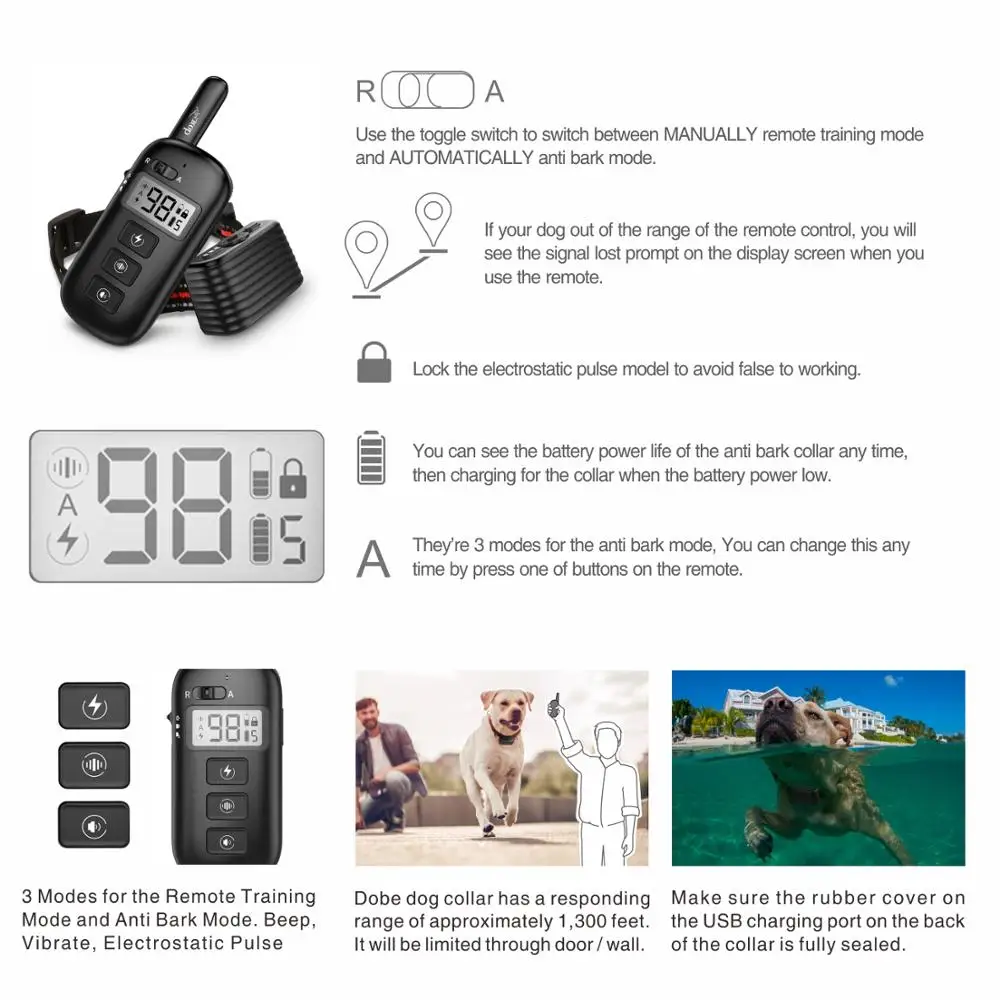 Pet Dog Training Collar Remote Rechargeable Anti Bark Stop Electric 600M Waterproof for 1