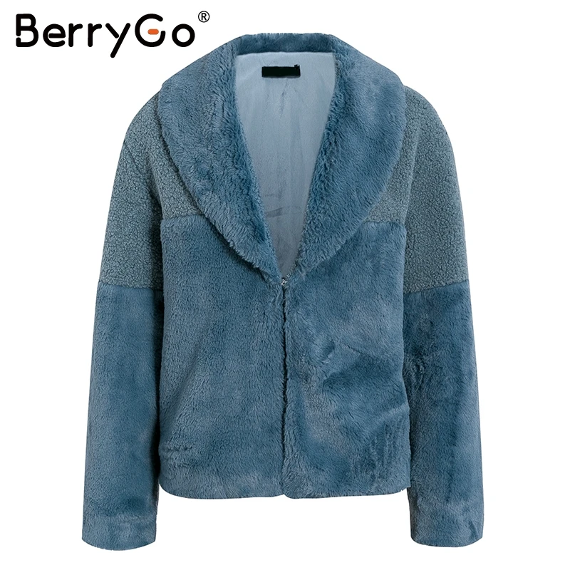 BerryGo, элегантное теплое пальто из искусственного меха на пуговицах, женская модная верхняя одежда, женские меховые пальто, пэчворк, Осень-зима, женские короткие пальто