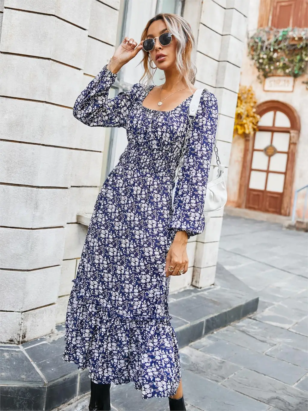 Chifirena Elegant Party Mid-Length Vintage Autumn Dress Women Square Collar Floral Print Ruffles Casual Dresses Minie Vestidos