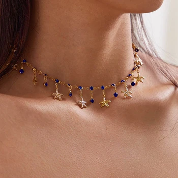 

docona Vintage Blue Crystal Stars Tassel Necklaces for Women Bohemian Collar Alloy Necklace Jewelry Party Gift Accessories 10220