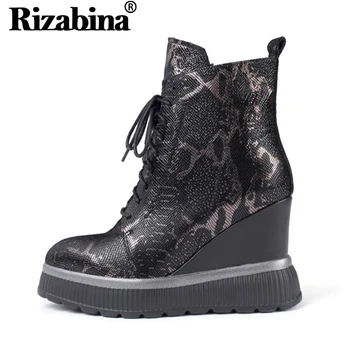 

RizaBina Fashion Women Ankle Boots Real Leather Zipper Cross Strap Wedges Shoes Autumn Winter Warm Mujer Shoes Size 34-42