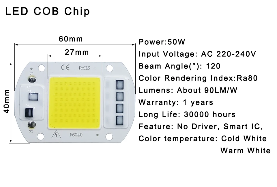 COB LED lamp Bead Chip AC 220V LED Bulb 10W 20W 30W 50W IP65 High Power Smart IC DIY Flood light Bulb Spotlight Outdoor Chip