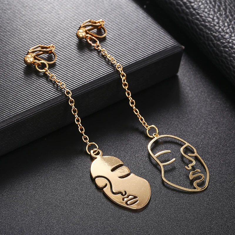Abstract Stylish Hollow Out Face Earrings Clip Girls Statement no hole, ear clip earrings, clip earrings, ear clip