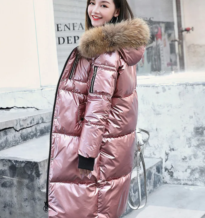Rose Gold Женское длинное пальто, сатиновый пуховик, теплый пуховик, парка, пальто с мехом, утолщенная Длинная Верхняя одежда для зимы, ouc655 - Цвет: Rose Gold
