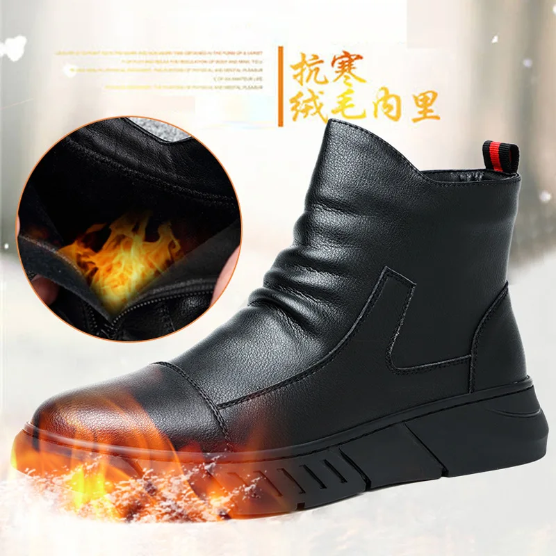 

Douyin Hot Selling MEN'S Leather Boots Business Cowhide Boots Men Casual Fashionable Boots Side Zipper plus Velvet Warm Hight-to