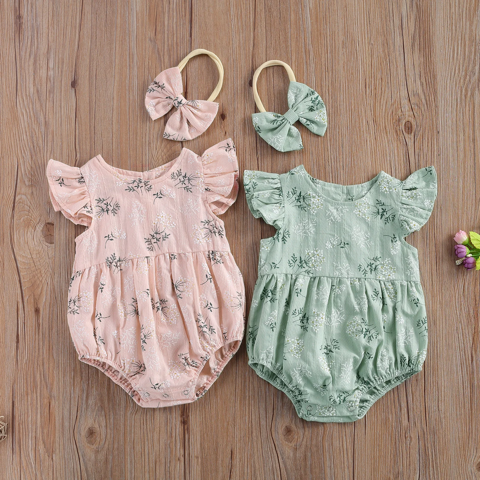 Baby Romper with Headband, Floral Print Round Collar Fly Sleeve
