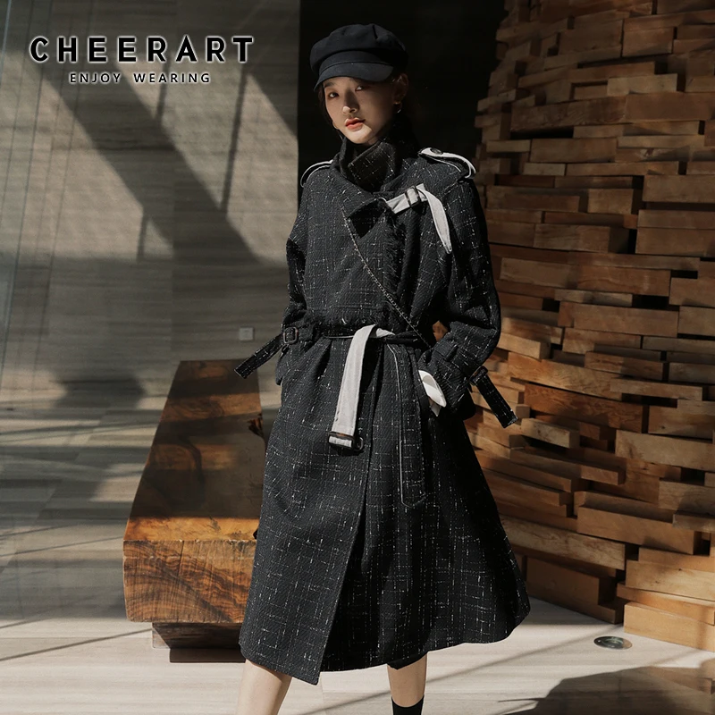 CHEERART длинное зимнее пальто женское клетчатое белое черное с поясом шерстяное