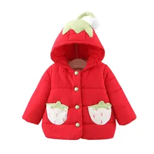 Зимняя куртка для девочек, плотное пальто на подкладке из хлопка с вышивкой клубники, детская одежда