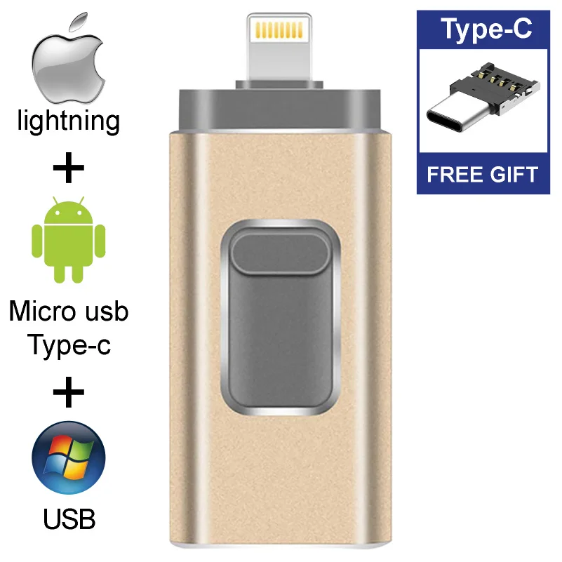 Бесплатный Тип C адаптер USB флэш-накопитель 64 ГБ для iPhone X 8 7 6 6s 32 Гб 16 Гб 8 Гб OTG USB флешка для iOS USB флэш-накопитель 128G - Цвет: Gold Type-C