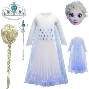 

2020 New Dress 2 Girls Anna Elsa 2 Christmas Halloween Set Cosplay Elsa Birthday Party White Princess Dress Wig Mask Set