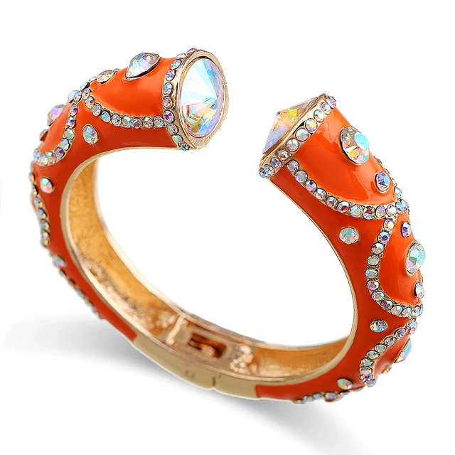 All Seasons Women's Enamel Color Statement Fashion Bangle Cuff Bracelet Gold Plated Inlaid AB Rhinestons Cuff Bangle Orange