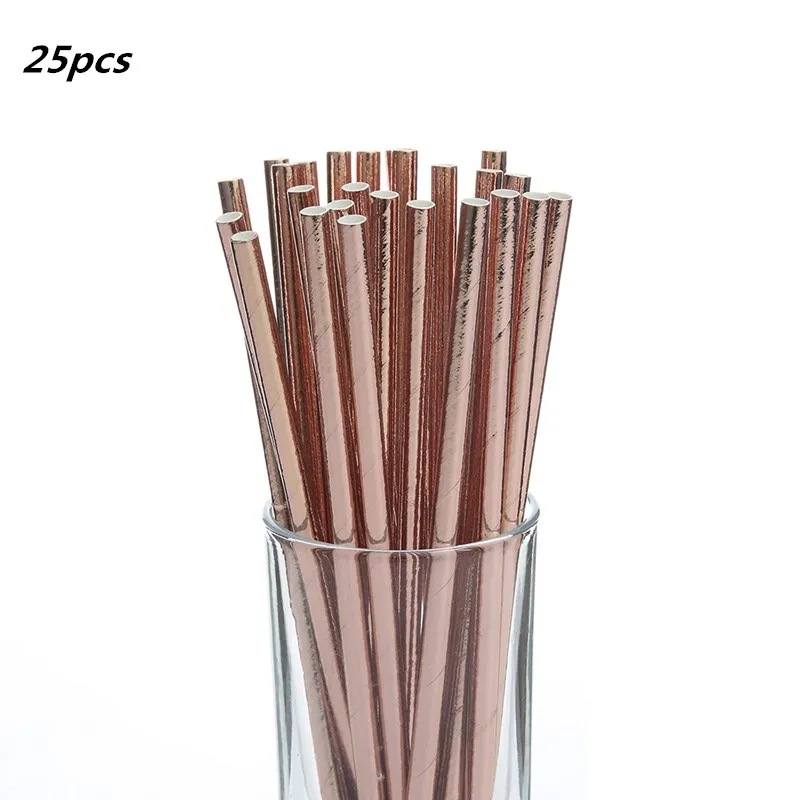 Rose Straw 25pcs 25 шт одноразовые столовые приборы из фольги розового золота, бумажные соломинки для питья на свадьбу, вечеринку, день рождения, украшения, вечерние принадлежности, бумажные соломинки - Цвет: Rose Straw 25pcs