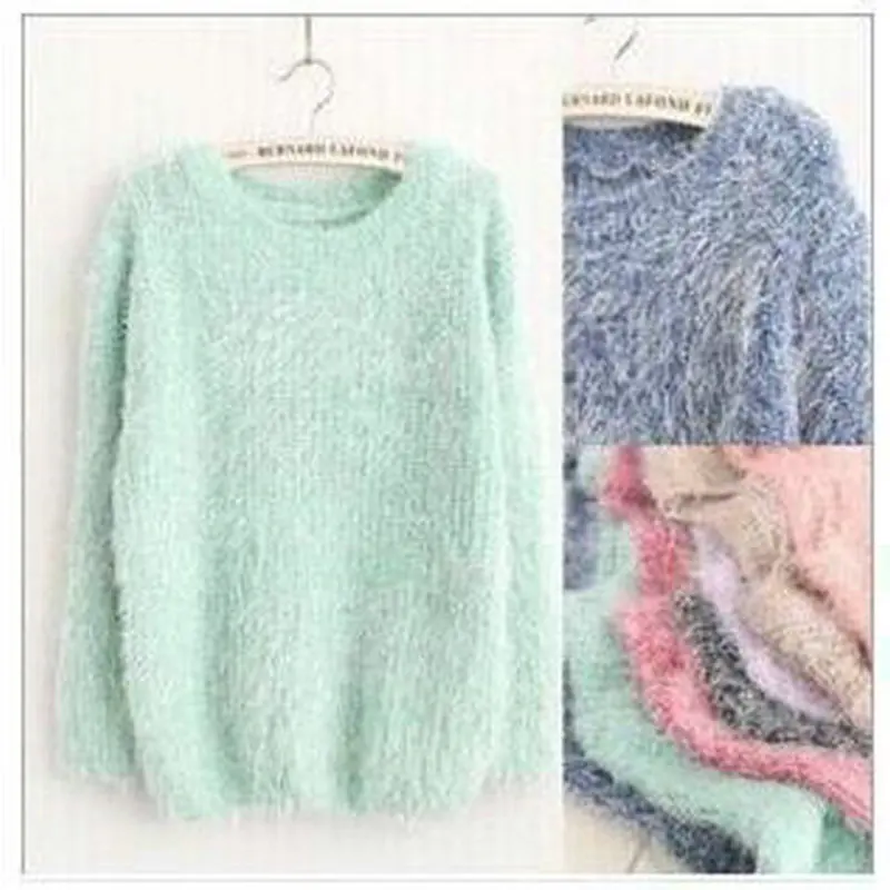 Новые женские свитера пуловеры 2019 зима карамельный цвет мохер круглый вырез