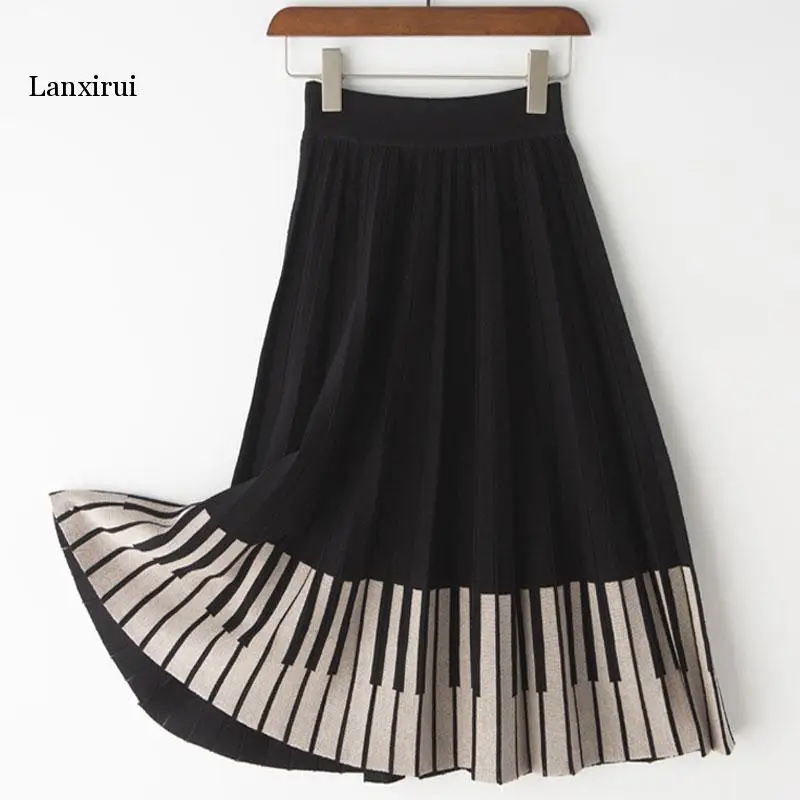 

Women Skirt Spring New Knitting Skirts Womens High Waist Casual A-Line Pleated Skirts Women Piano keyboard Jupe Femme Saia