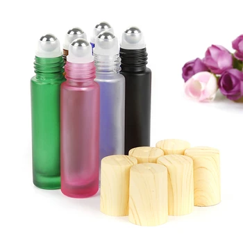 

10pcs 10ml Wood Grain Cover Scrub Glass Essential Oil Bottle Stainless Steel Roller Ball Perfume Bottle Travel Bottle Tool Safe