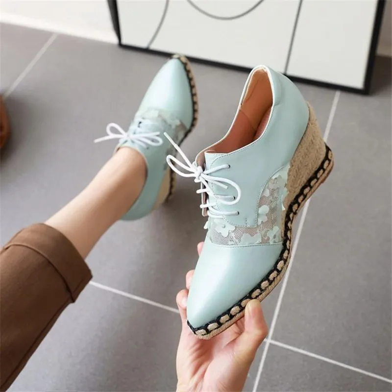 2020 Spring Autumn New Straw Wedge Shoes Women Deep Mouth High Heels Mesh Lace Stitching Lace-Up Pointed Toe Pumps Women's Shoes (11)