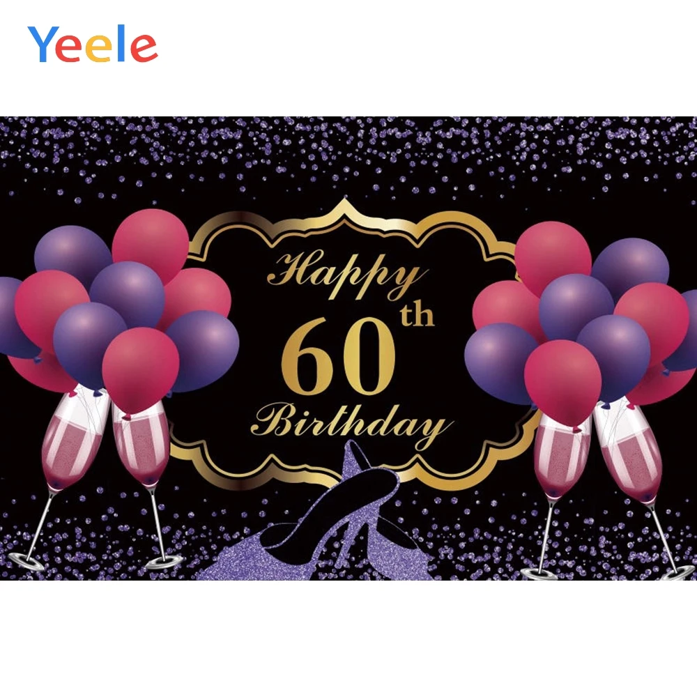 

Happy 60th Birthday Party Backdrop Balloon Wine Purple Dots High Heels Vinyl Photography Background Photo Studio Photophone