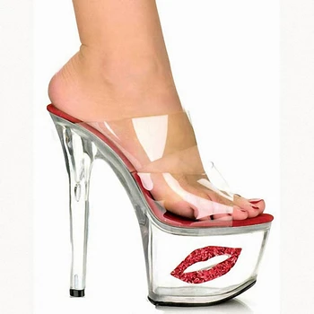 

Summer New style 7 inches Crystal slippers Rransparent Sequins Red Lips Trend Sexy Fetish 17CM Thick platform Pole dancing Stage