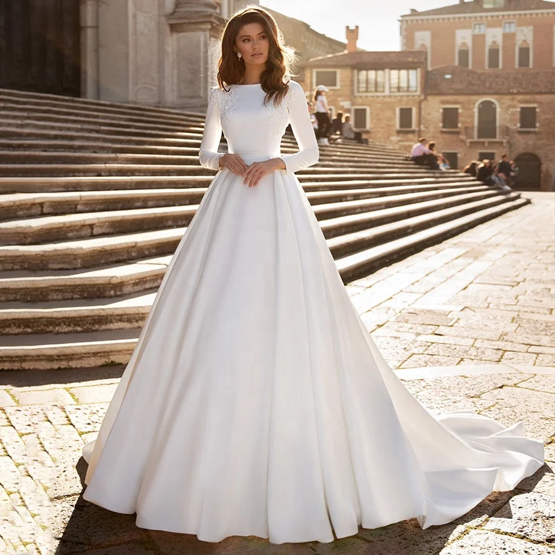 2019-Simple-Long-Sleeve-Stain-Wedding-Dress (1)