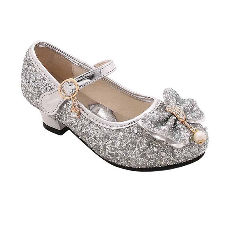 Children Girls Leather Shoes New princess high heels sequin children's shoes small and medium girls princess shoes student shoes