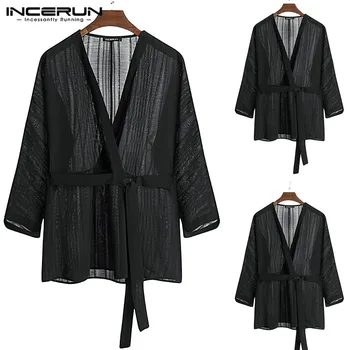 

2020 Mesh Shirt Men Deep V Neck Long Sleeve Solid Tops Fashion Nightclub Party Sexy Shirts Transparent Camisa Streetwear INCERUN