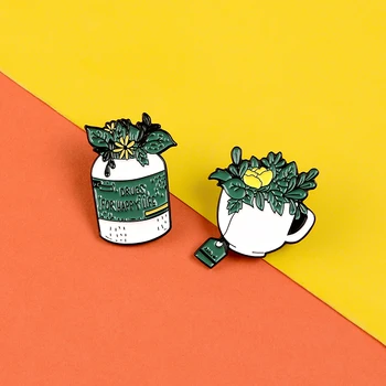 

Yellow flower Lush leaves cups pins Happy life enamel pins and brooches Lapel pin badges Jackets bag caps Plant Jewelry gifts