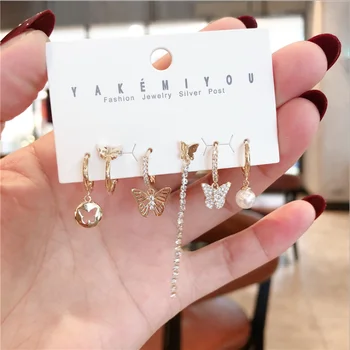 

water drop pearl cute butterfly chain 6-piece micro-inlaid zircon earring set female