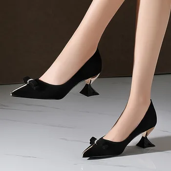 

Doratasia hot sale 2020 Kid Suede Strange Style Shoes Woman Pumps Female Slip On Pointed Toe Sweet Bowtie Pumps Woman Shoes