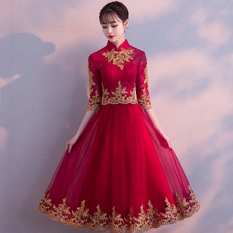 Мандарин воротник Cheongsam женское благородное вечернее платье сексуальное бургундское Половина рукава Qipao изысканная вышивка Robe De Soiree