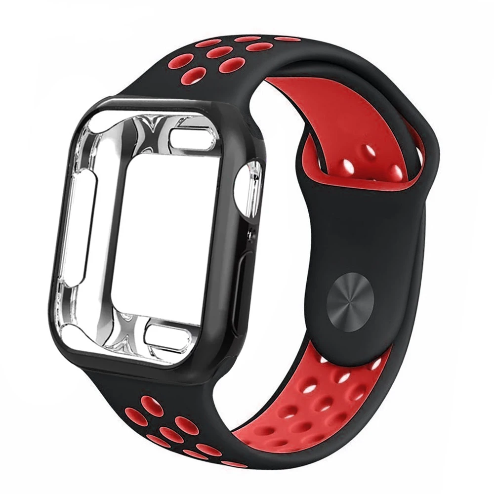 Black with red Чехол+ ремешок для apple watch band 5 4 40 мм 44 мм correa 42 мм 38 мм спортивный силиконовый браслет iwatch apple watch 3 2 1 Аксессуары - Цвет ремешка: Black with red