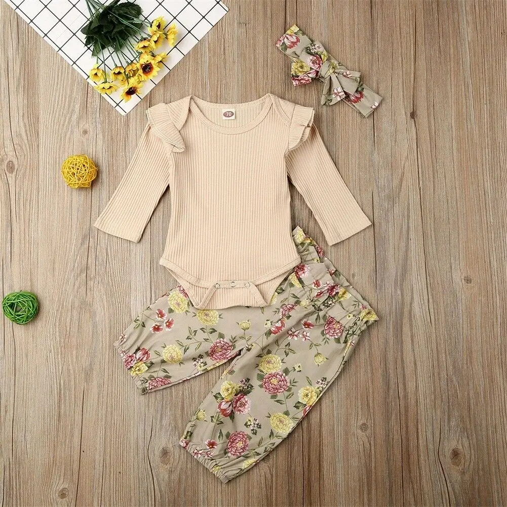 

US Autumn Clothes Newborn Infant Baby Girl Clothes Ruffle Romper Floral Pants Headband Outfit Clothes Set 0-18 months