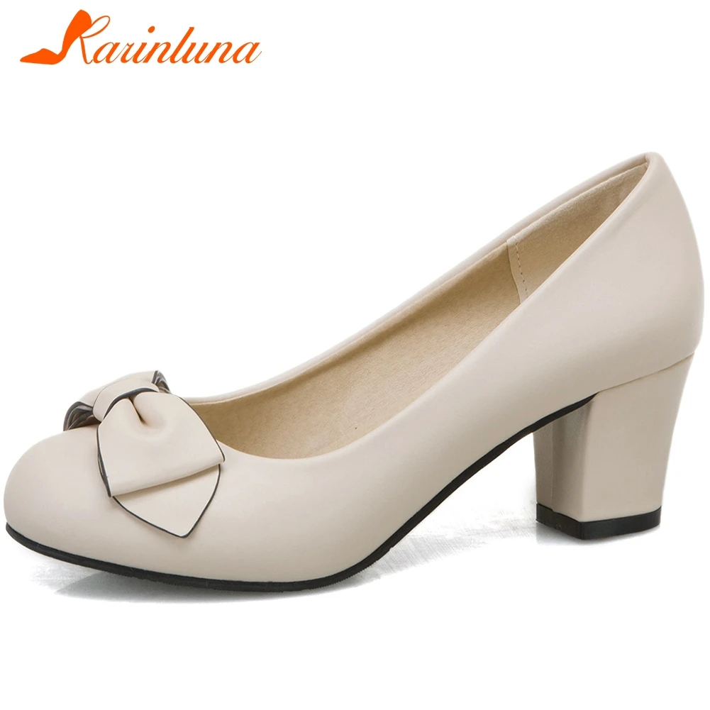 

Karinluna New Fashion Dropship Sweet Bowtie Concise Pumps Woman Shoes Chunky High Heels Slip-On Platform Office Lady Pumps Women