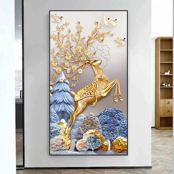 

large Golden Deer diamond Painting full square round mosaic diamond set 3d cross Stitch Entrance hallway wall decoration,N925