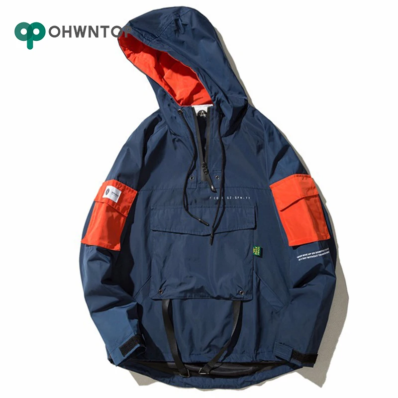 

Tide Brand Front Pocket Pullover Jackets Men Autumn Half Zipper Hoodie Jacket Male Hip Hop Casual Windbreaker Coat Streetwear