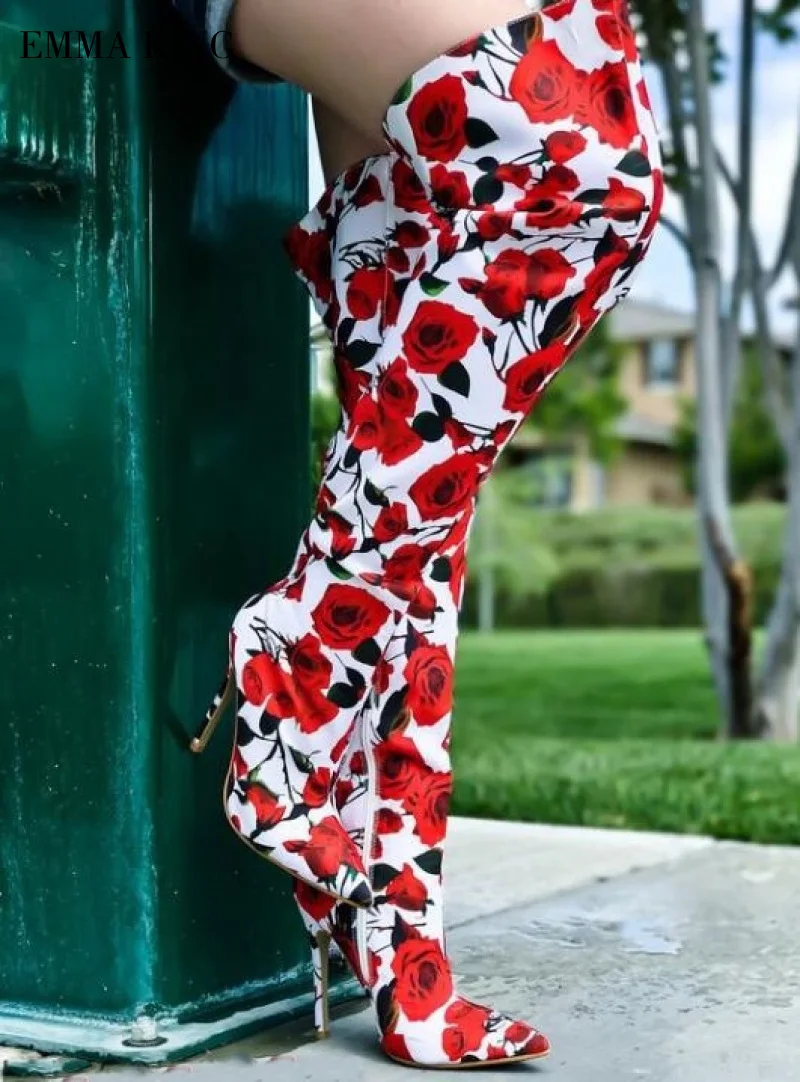 

Luxury Brand Women Rose Flower Over The Knee Boots Pointed Toe Autumn Winter Shoes Women Thigh High Boots Stilettos Size 35-43