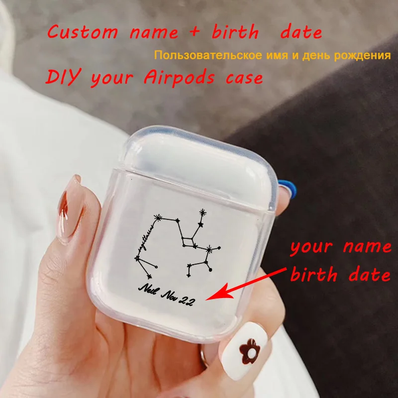 

Taro Airpods 1/2 Case Soft Silicon For Earphone Case Luxury DIY Custom Name+Birth Date Clear Airpods Case constellation Astrolgy