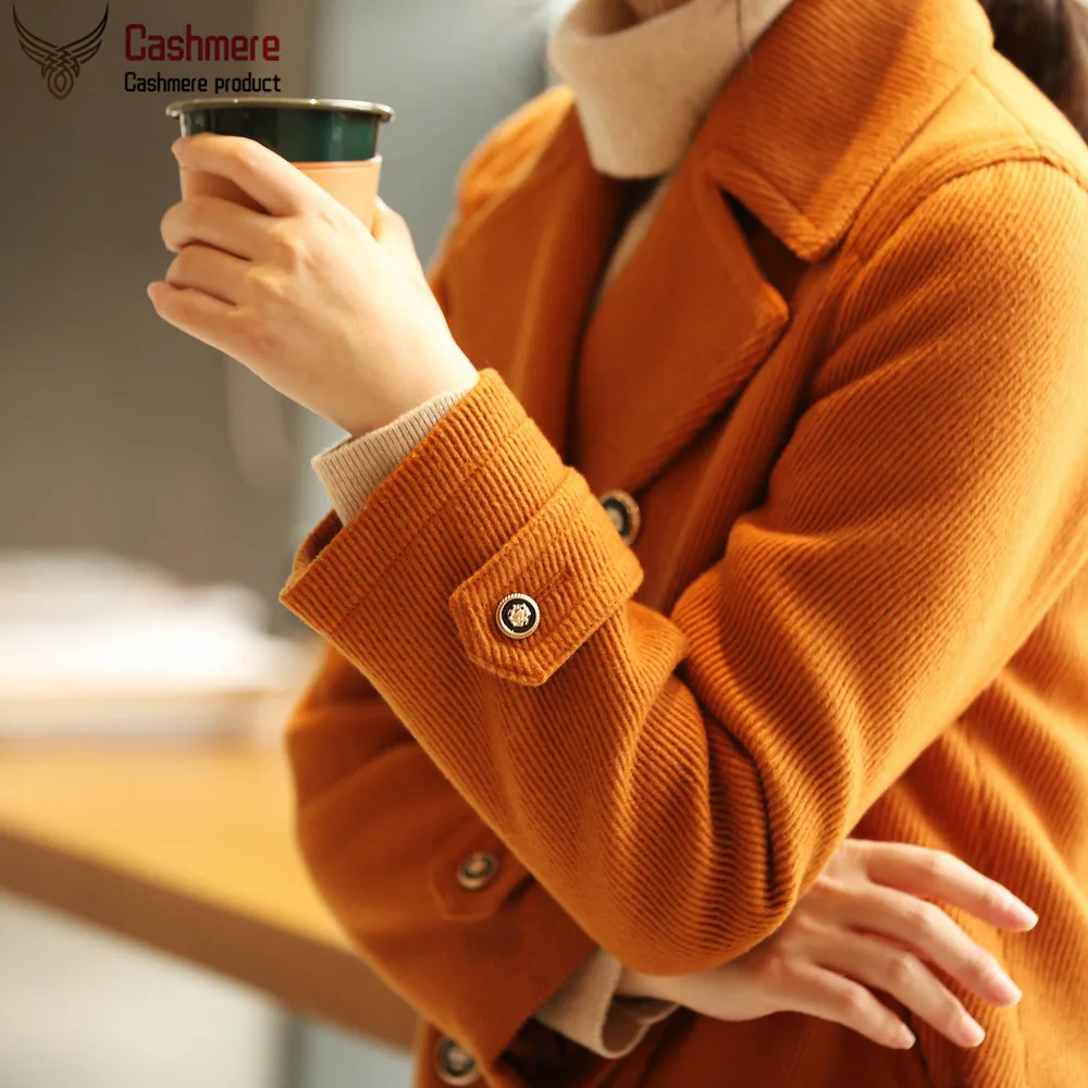 

Thicken coat short jacket coat female 2019 autumn winter lapel double-breasted woolen coat plus cotton twill casual coat female