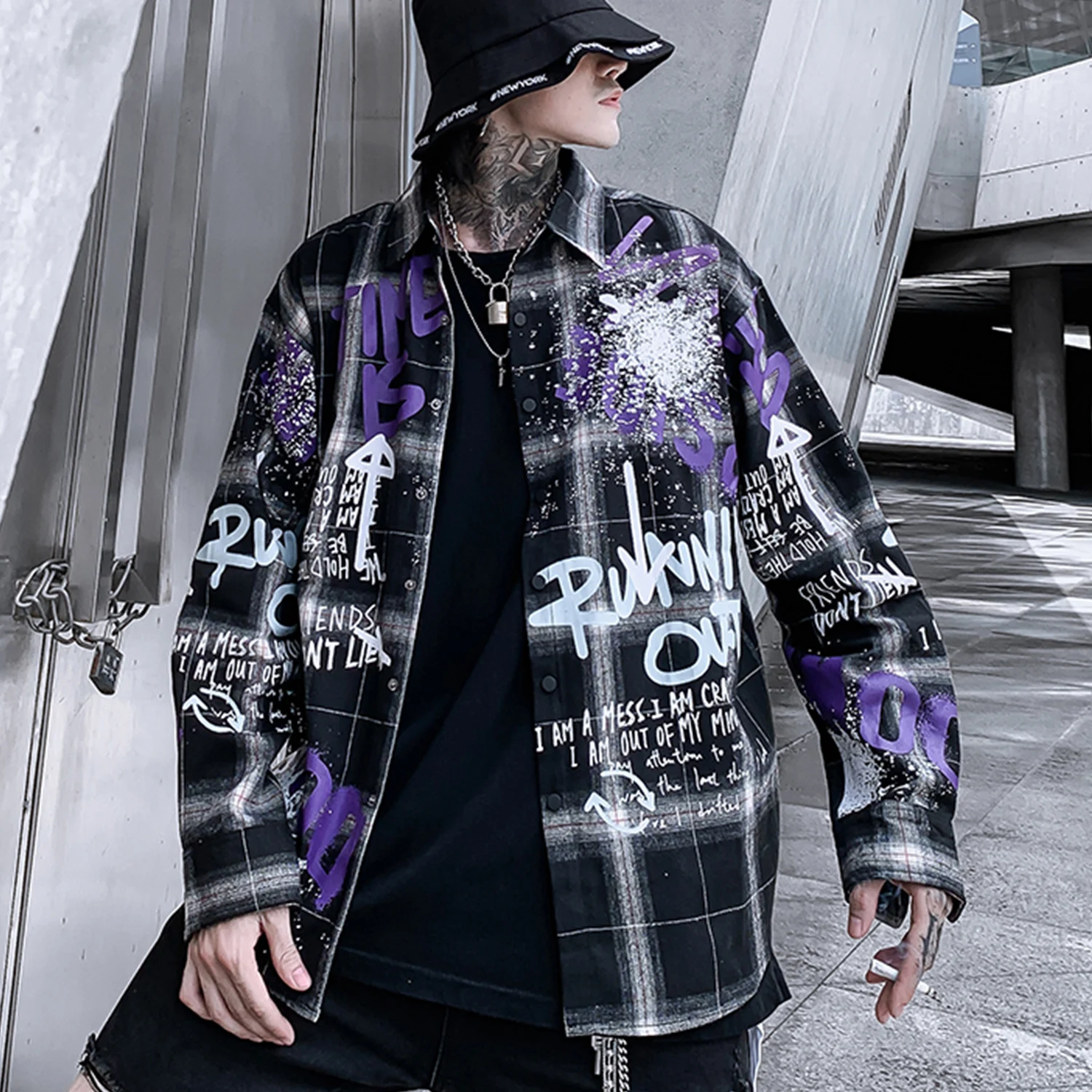 AELFRIC Модные клетчатые граффити мужские рубашки модные Harajuku хип хоп топы Уличная Повседневная Хлопковая мужская негабаритная с длинным рукавом