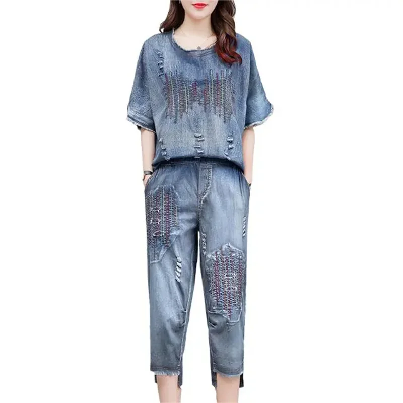 Women Cowgirl Embroidery Suit 2023 Summer New Fashion Loose Short-Sleeved Denim t-shirt Casual Two-piece Suit Pants Suit C84