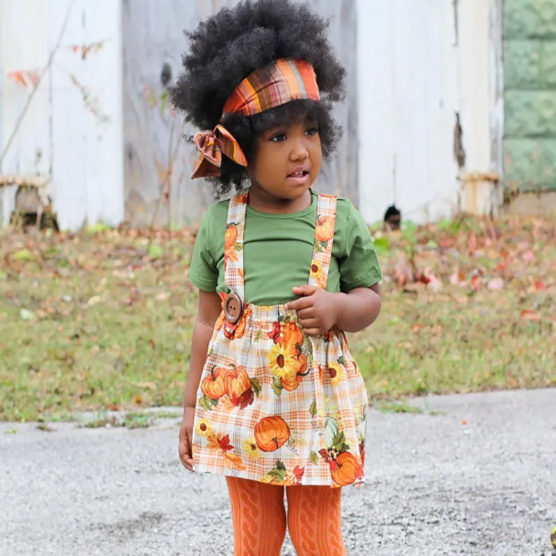 

2Pcs Summer Kids Girl Set Baby Girl Short Sleeve T-shirt Blouse Mini Pumpkin Print Strap Skirts Casual Outfits Set
