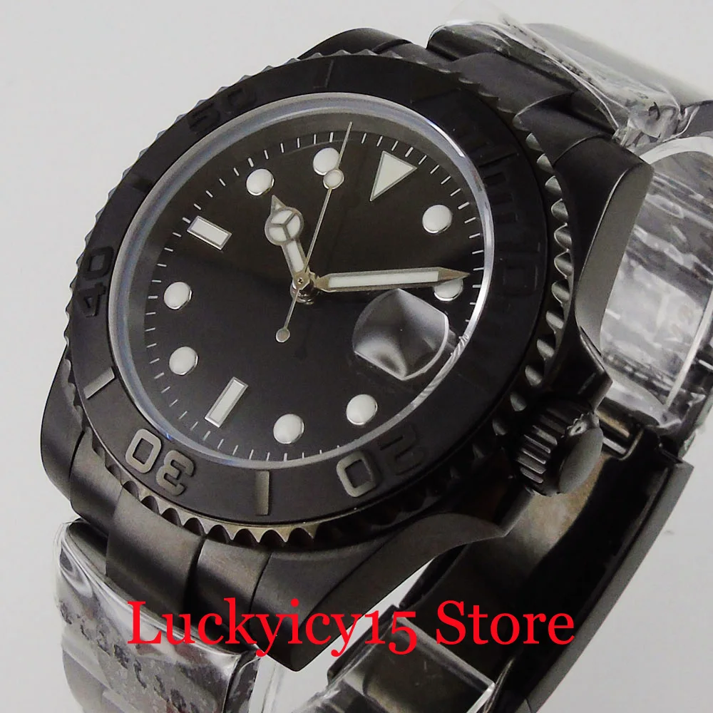 BLIGER Black Gift Mechanical Male Watch 24 Jewels NH35 MIYOTA 8215 Movement Screw Crown Deployment Clasp Brushed Bezel Insert | Наручные